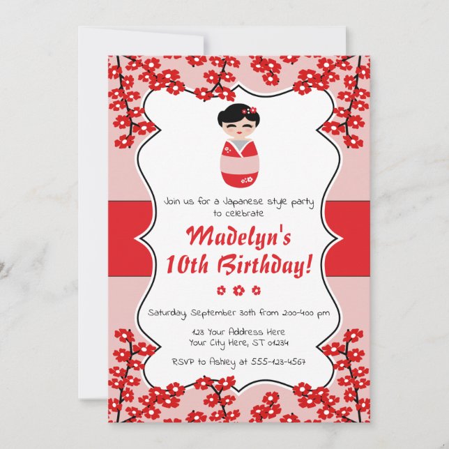 Invitation d'anniversaire de la poupée Kokeshi | S (Devant)