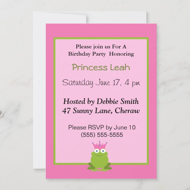 Invitation d'anniversaire de la Princesse Frog. (Devant)