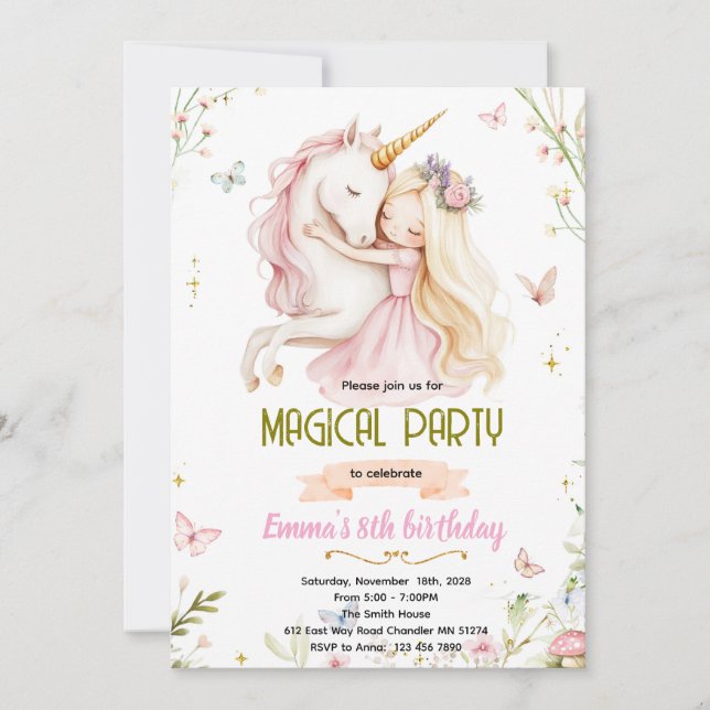 Invitation d'anniversaire de la princesse licorne (Devant)