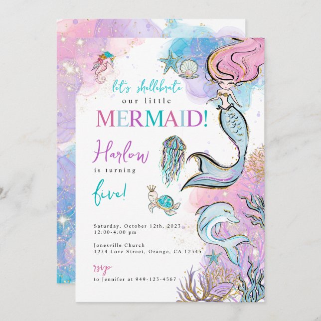 Invitation d'anniversaire de la sirène d'aquarelle (Devant / Derrière)