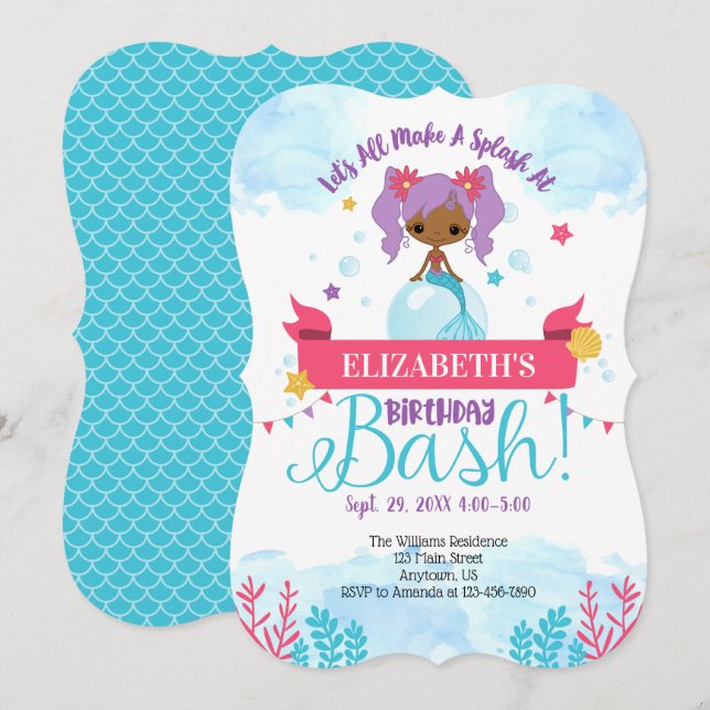 Invitation d'anniversaire de la sirène noire-améri (Devant / Derrière)