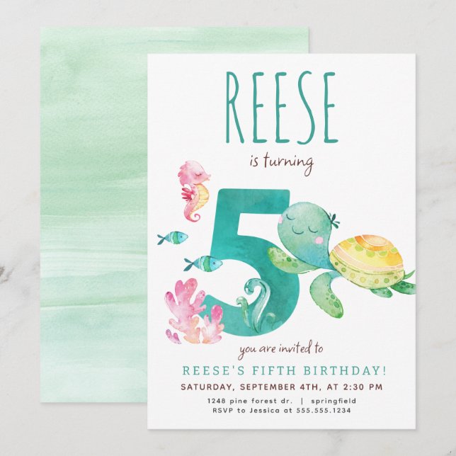 Invitation d'anniversaire de la Tortue de mer (Devant / Derrière)