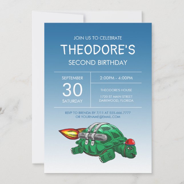 Invitation d'anniversaire de la tortue fusée (Devant)
