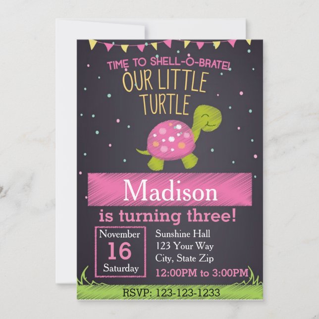 Invitation d'anniversaire de la tortue (rose) (Devant)