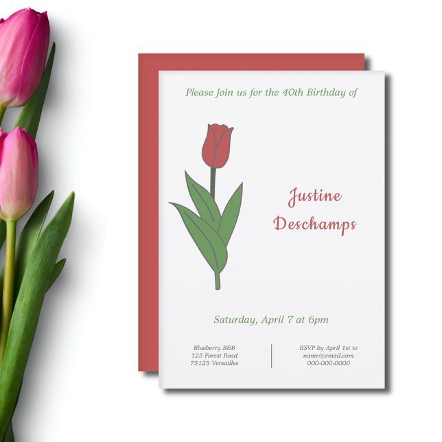 Invitation d'anniversaire de la tulipe rouge botan (Botanical Red Tulip Birthday Invitation)