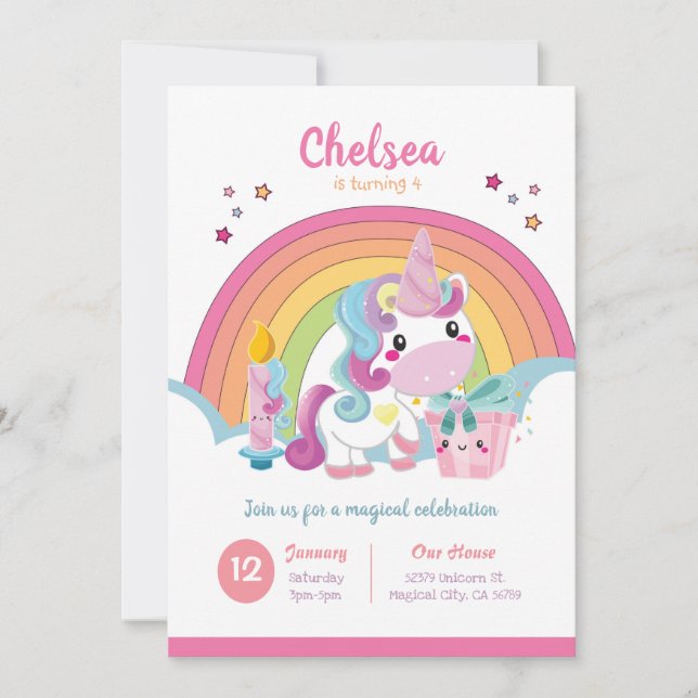 Invitation d'anniversaire de la Unicorne Rainbow P (Devant)