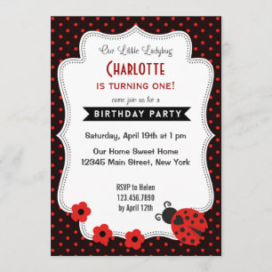 Invitation d'anniversaire de Ladybug Black Red Pol
