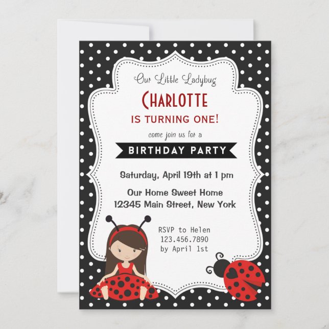 Invitation d'anniversaire de Ladybug Pois rouges n (Devant)