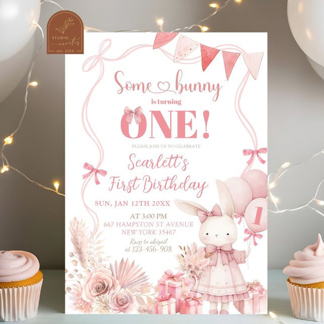 Invitation d'anniversaire de lapin coquette rose (Créateur téléchargé)