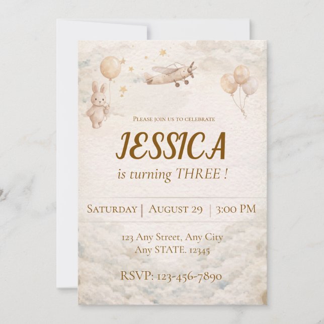 Invitation d'anniversaire de lapin d'avion Boho po (Devant)