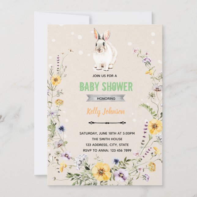 Invitation d'anniversaire de lapin de douche de fl (Devant)