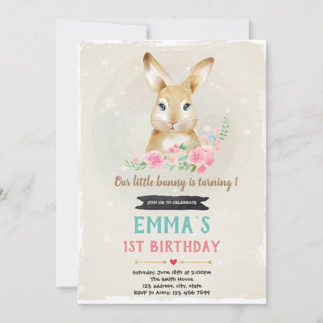 Invitation d'anniversaire de lapin mignon (Devant)