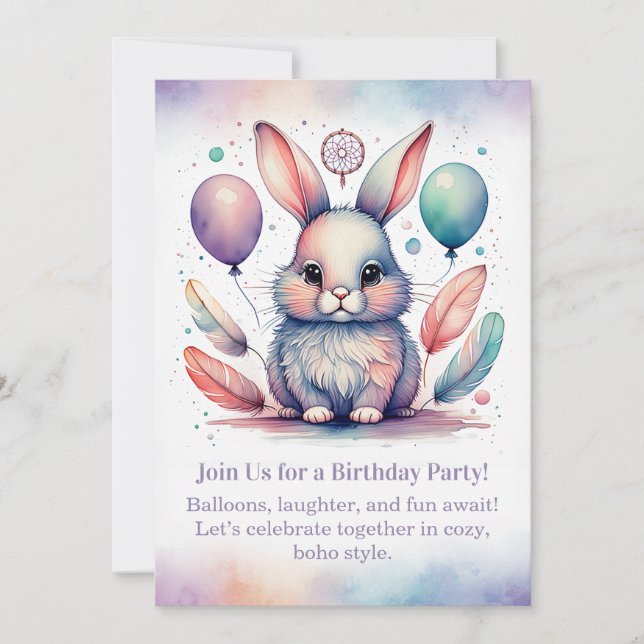 Invitation d'anniversaire de lapin mignon Bois Boh (Devant)