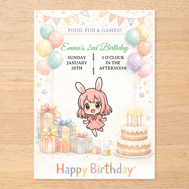 Invitation d'anniversaire de lapin pastel mignon (Recto)