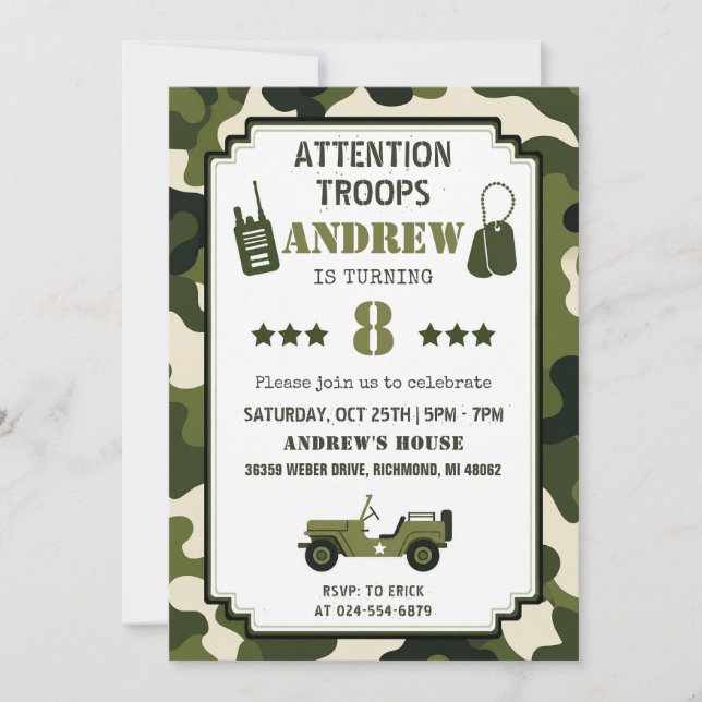 Invitation d'anniversaire de l'armée camouflage pe (Devant)