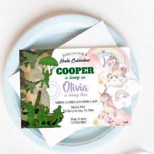 Invitation d'anniversaire de l'armée et de licorne