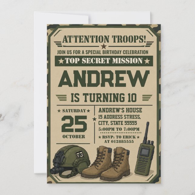 Invitation d'anniversaire de l'armée personnalisée (Devant)
