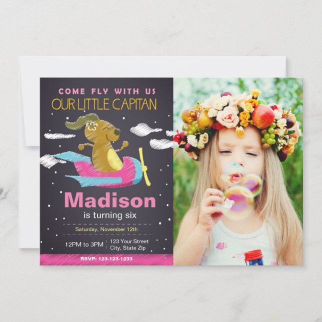 Invitation d'anniversaire de l'avion de chien rose (Devant)