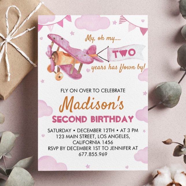 Invitation d'anniversaire de l'avion vintage rose (Créateur téléchargé)