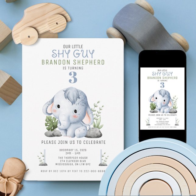 Invitation d'anniversaire de l'éléphant Timide (Baby Elephant theme birthday invitation)