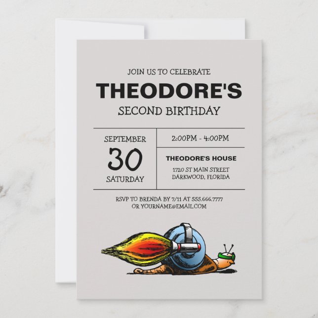 Invitation d'anniversaire de l'escargot fusée (Devant)