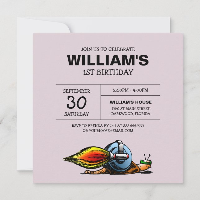 Invitation d'anniversaire de l'escargot fusée (Devant)
