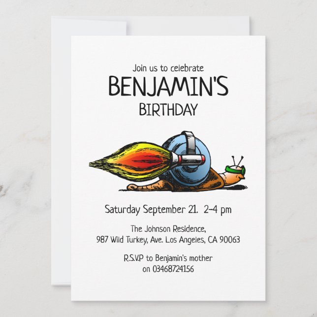 Invitation d'anniversaire de l'escargot fusée (Devant)