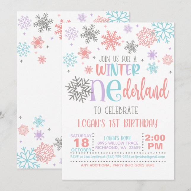 Invitation d'anniversaire de l'hiver ONE derland - (Devant / Derrière)