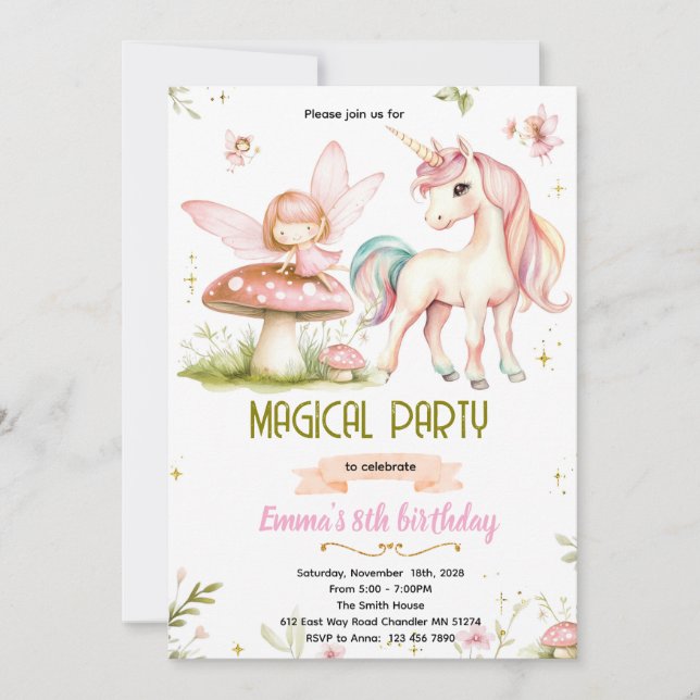 Invitation d'anniversaire de licorne de fée de for (Devant)