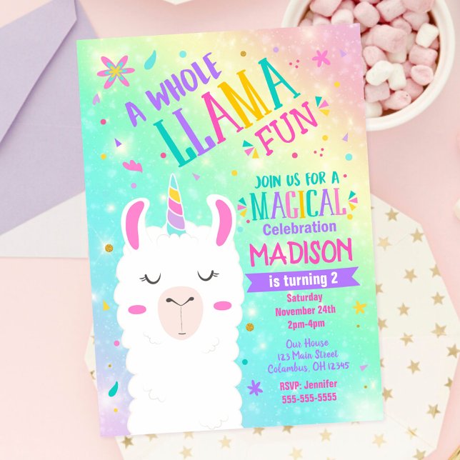 Invitation d'anniversaire de licorne de lama Fête  (Créateur téléchargé)