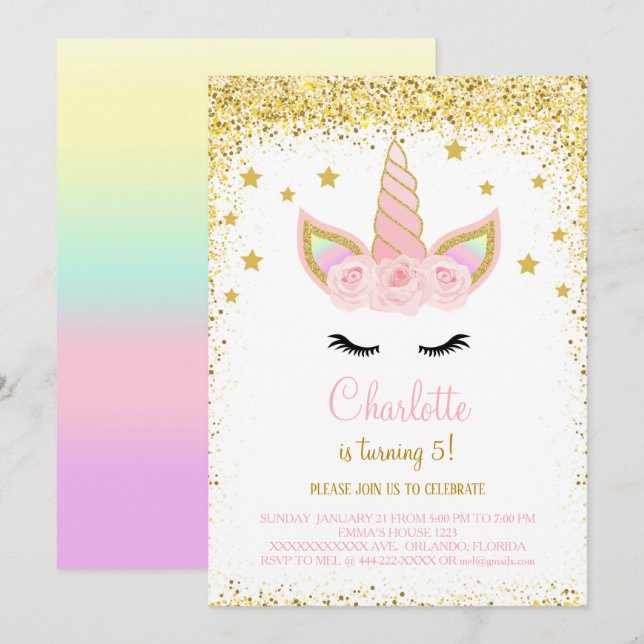 Invitation d'anniversaire de licorne de paillettes (Devant / Derrière)