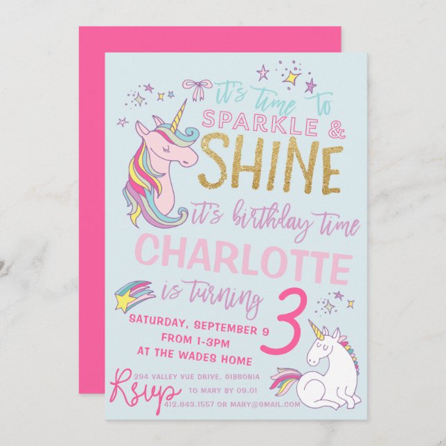 Invitation d'anniversaire de licorne de parties (Devant / Derrière)
