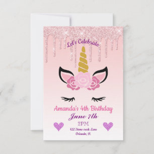 Invitation d'anniversaire de licorne florale/paill