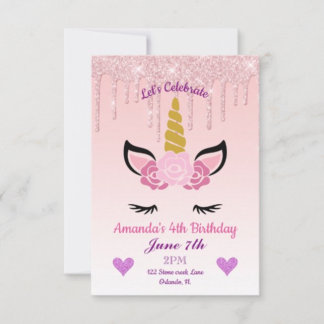 Invitation d'anniversaire de licorne florale/paill (Devant)