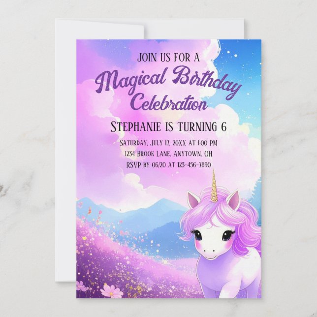 Invitation d'anniversaire de licorne magique (Devant)