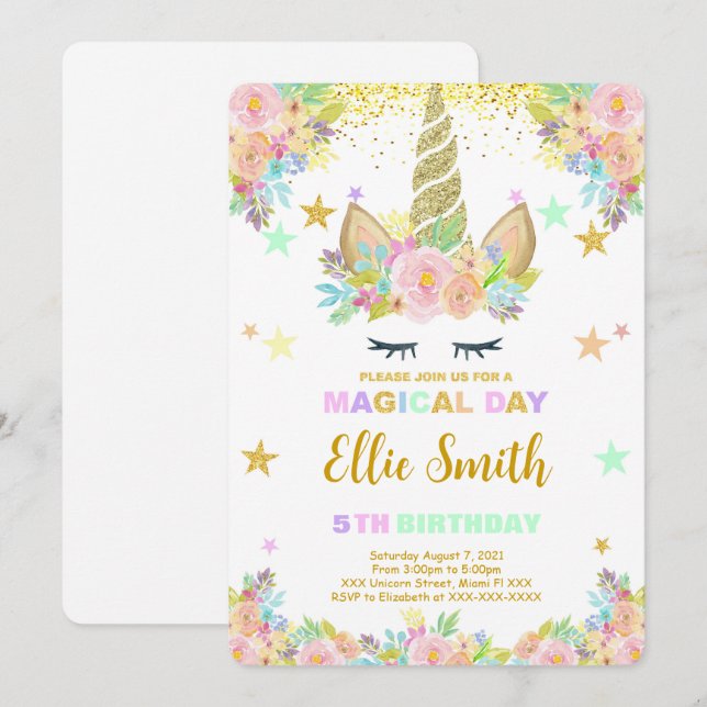 Invitation d'anniversaire de licorne MAGIQUE (Devant / Derrière)