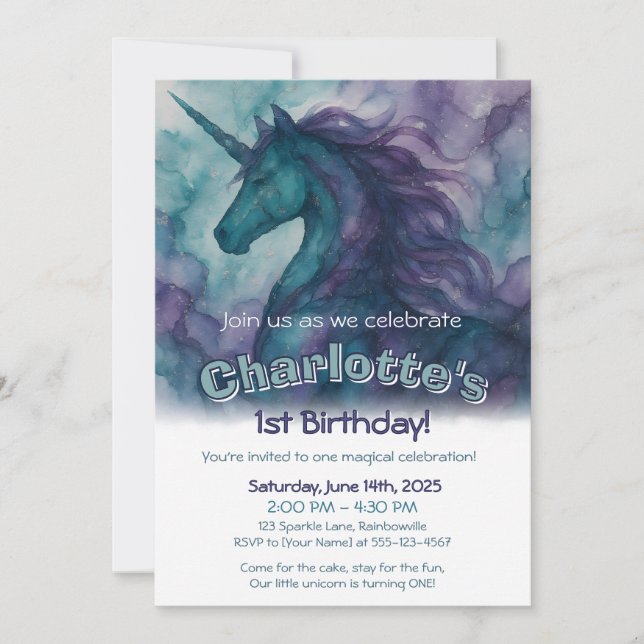 Invitation d'anniversaire de licorne magique - Enc (Devant)