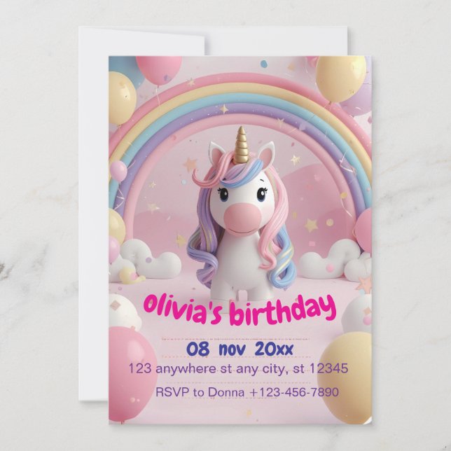 Invitation d'anniversaire de licorne magique | Nai (Devant)