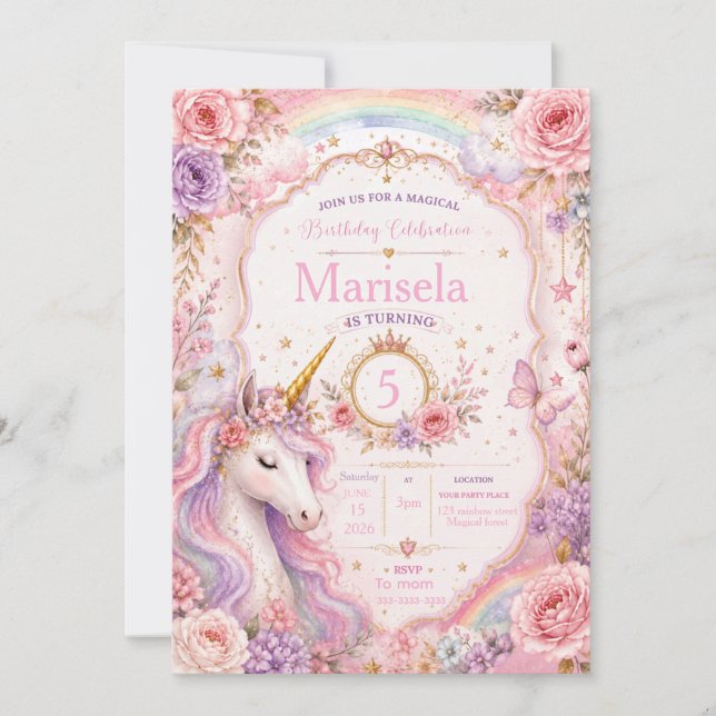 Invitation d'anniversaire de licorne magique | Ros (Devant)