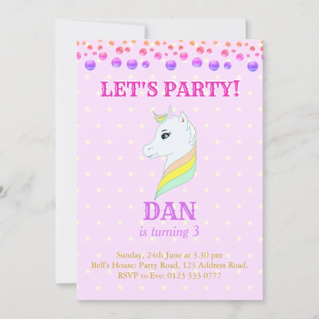 Invitation d'anniversaire de licorne magnifique (Devant)