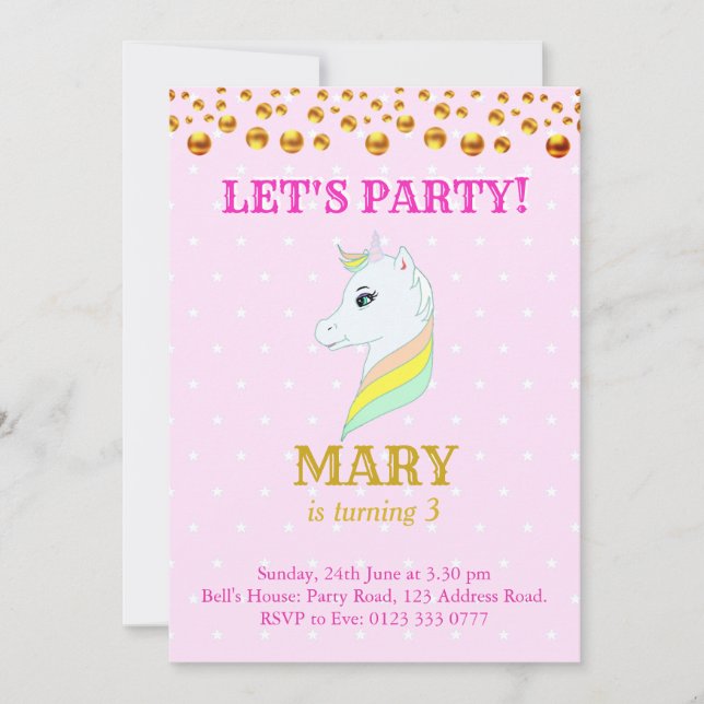 Invitation d'anniversaire de licorne mignonne (Devant)