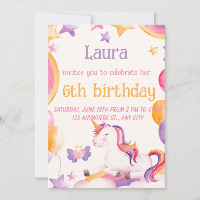 Invitation d'anniversaire de licorne mignonne pour (Devant)