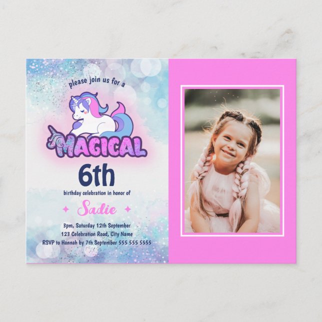 Invitation d'anniversaire de licorne rose et viole (Devant)