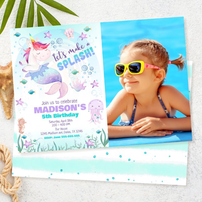 Invitation d'anniversaire de licorne sirène sous l (Créateur téléchargé)