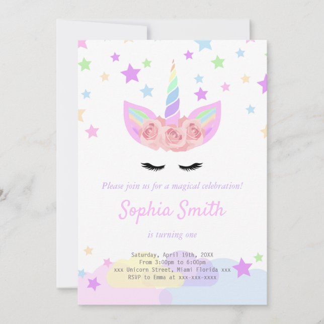 Invitation d'anniversaire de licorne violette (Devant)