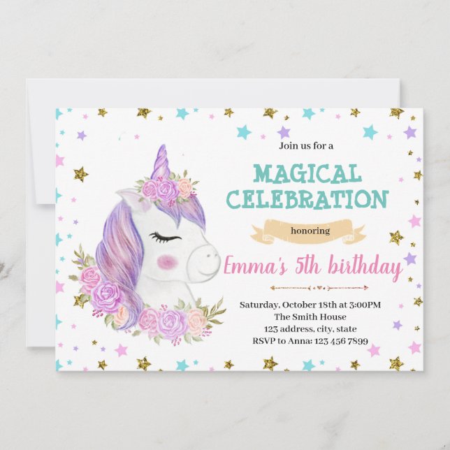 Invitation d'anniversaire de licorne violette (Devant)