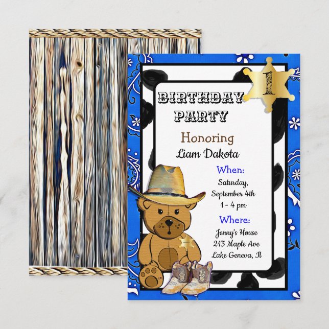 Invitation d'anniversaire de Lil' Sheriff Teddy Be (Devant / Derrière)