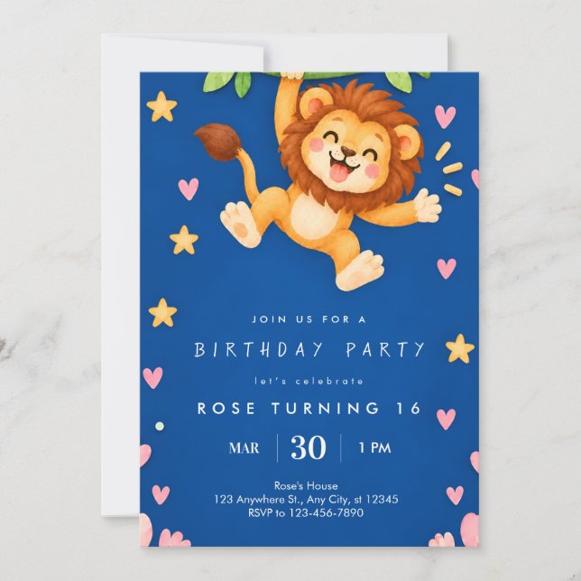 Invitation d'anniversaire de lion mignon (Devant)