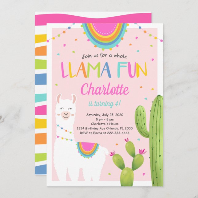 Invitation d'anniversaire de Llama Cactus rose (Devant / Derrière)