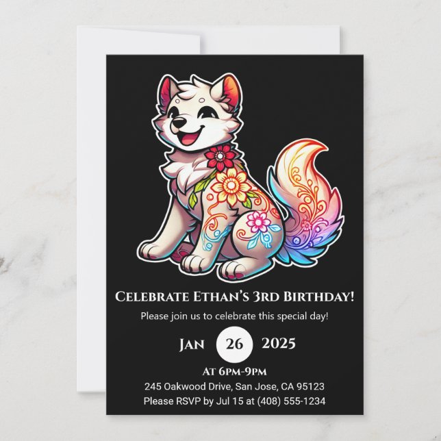 Invitation d'anniversaire de loup floral joyeux (Devant)